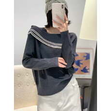 批发2026<b class='q'>春</b>秋新款一字领露肩撞色条纹针织衫女宽松显瘦百搭长袖毛衣