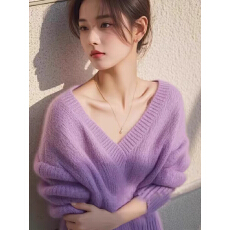 批发紫色慵懒毛衣v领秋冬<b class='q'>女</b>小个子别致漂亮韩系宽松软糯套头针织上衣