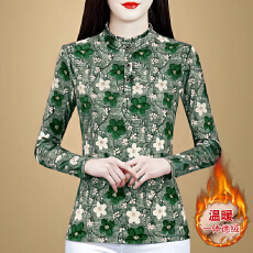 批发中年妈妈洋气碎花立领德绒衬衫女士秋冬长袖打底衫一体绒保暖上衣