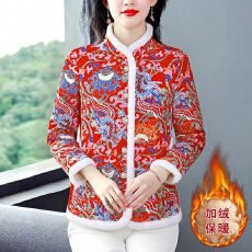 批发<b class='q'>妈妈</b>装冬季新款加绒加棉<b class='q'>中老年</b>女装保暖棉服时尚印花棉衣大花外套