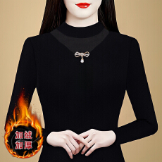 批发黑色加绒网纱圆领打底衫女秋冬内搭可外穿<b class='q'>长袖</b>t恤修身高级感上衣