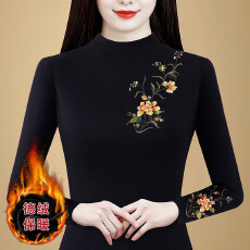 批发半高领德绒打底小衫长袖女装妈妈春秋冬新款加绒加厚刺绣t恤<b class='q'>上衣</b>