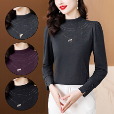 批发冬季新款半高领设计感打底衫气质百搭显瘦纯色烫钻洋气一体绒上衣