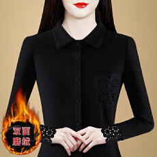 批发<b class='q'>妈妈装</b>秋冬Polo领双面绒钩花口袋长袖小衫<b class='q'>时尚</b>女洋气打底衫女上衣