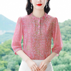 批发夏款2026<b class='q'>妈妈装</b>气质桃夭花影衬衣<b class='q'>中年女装</b>减龄轻薄遮肉大码雪纺衫