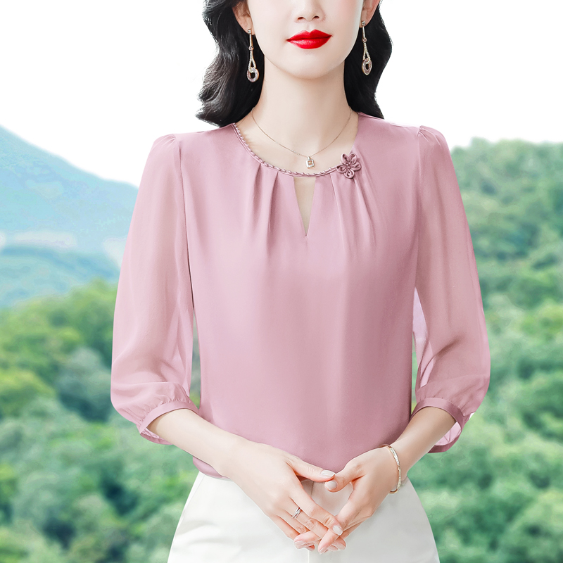 RY636# 实拍t恤真丝上衣洋气大码中老年女装新款时尚纯色小衫雪纺衬衫