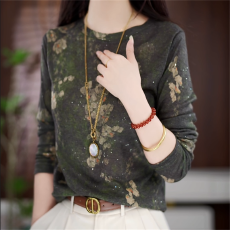 批发时尚印花圆领长袖T恤2025早秋新款Z休闲百搭<b class='q'>中年女装</b>显瘦减龄上衣