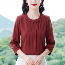 批发妈妈条纹衬衫女装<b class='q'>中袖</b>t恤春夏季新款宽松真丝<b class='q'>雪纺上衣</b>七分袖小衫