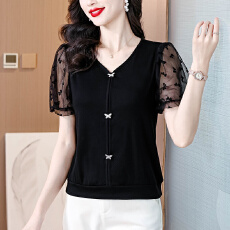 批发时尚V领蝴蝶钉珠拼接网纱泡泡<b class='q'>短袖</b>T恤2024夏季气质百搭小衫女上衣