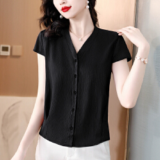 批发珠光醋酸V领薄款<b class='q'>短袖</b>衬衣2026夏季新款Z收腰显瘦中年女装纯色上衣