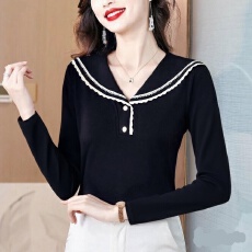 批发时尚撞色海军领<b class='q'>短袖</b>T恤女秋装2025新款正肩显瘦别致洋气减龄上衣