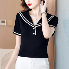 批发夏季假两件正肩<b class='q'>短袖</b>t恤女2026年新款海军领上衣半袖T恤ins潮