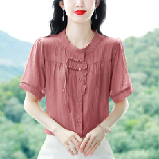 批发新款天丝棉麻短袖夏季<b class='q'>妈妈装</b>遮肚透气显瘦圆领宽松百搭衬衣大码女