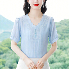 批发洋气<b class='q'>妈妈装</b>V领短袖刺绣上衣<b class='q'>中老年女装</b>宽松显瘦减龄百搭小衫