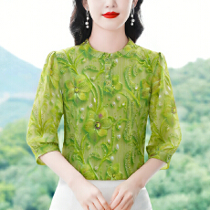 批发2026<b class='q'>正品</b>翠绿盎然七分袖衬衫手工精致风显瘦优雅气质小衫