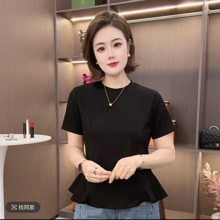 검정색 망사 패치워크 반팔 티셔츠 여성 2026 봄 여름 섹션 슬림해 보이는 디자인 센스 밑단 프릴 다용도 맨위
