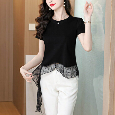 批发2026夏季新款圆领显瘦蕾丝拼接高级感洋气休闲短袖T恤上衣女装潮
