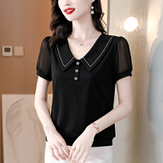 批发年轻<b class='q'>妈妈</b>娃娃领拼接网纱短袖T恤夏季新款洋气减龄小衫中老年上衣