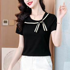 批发时尚<b class='q'>妈妈</b>装绑带蝴蝶结短袖T恤衫夏装新款洋气减龄小衫中老年上衣