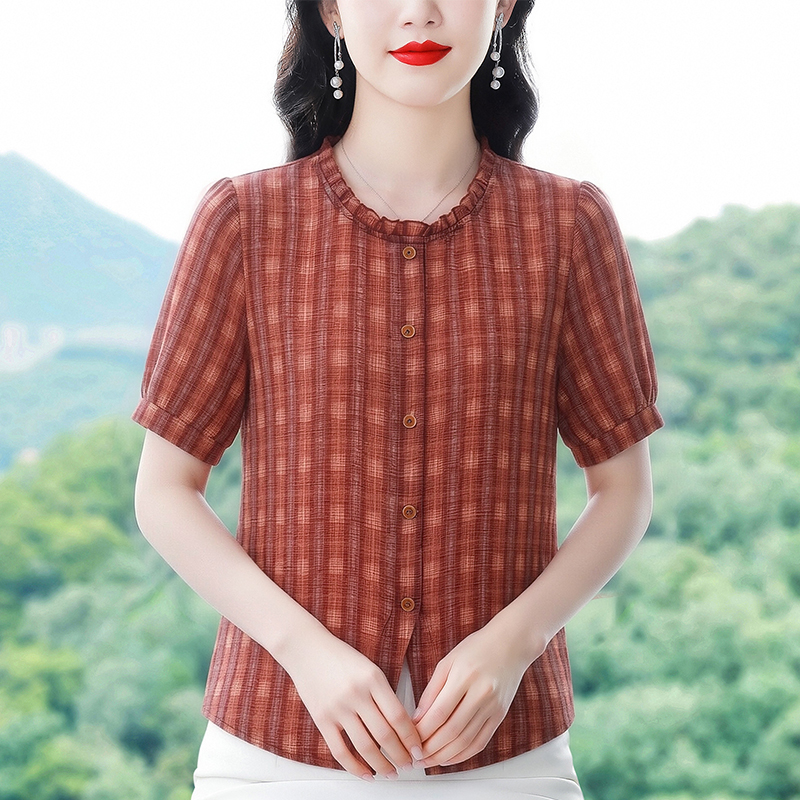 여름 새로운 라운드 넥 체크무늬 반팔 티셔츠 여성 패션 외국 가스 중노년 어머니 드레스 반소매 작은 셔츠 여성 셔츠