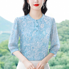 批发气质圆领七分袖衬衣夏季新款洋气R宽松<b class='q'>中年女装</b>时尚减龄百搭上衣