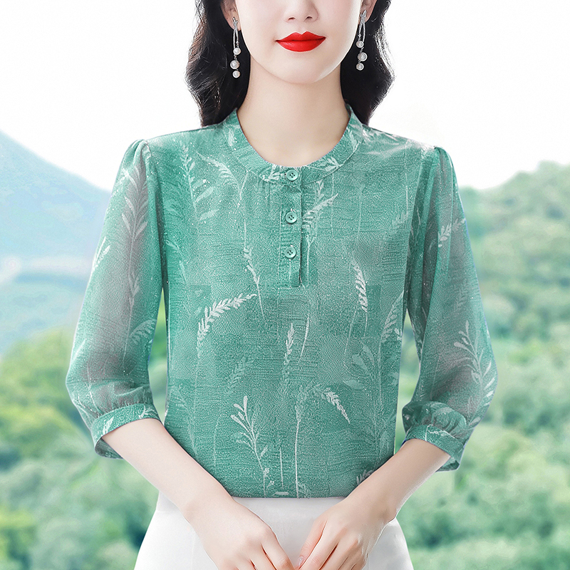 패션 연령 감소 프린트 라운드 넥 쉬폰 여성 셔츠 여름 새로운 루즈핏 캐주얼 외출용 다용도 5 점 소매 셔츠