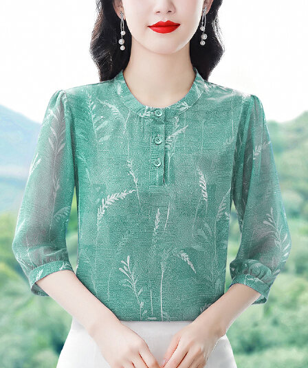 패션 연령 감소 프린트 라운드 넥 쉬폰 여성 셔츠 여름 새로운 루즈핏 캐주얼 외출용 다용도 5 점 소매 셔츠