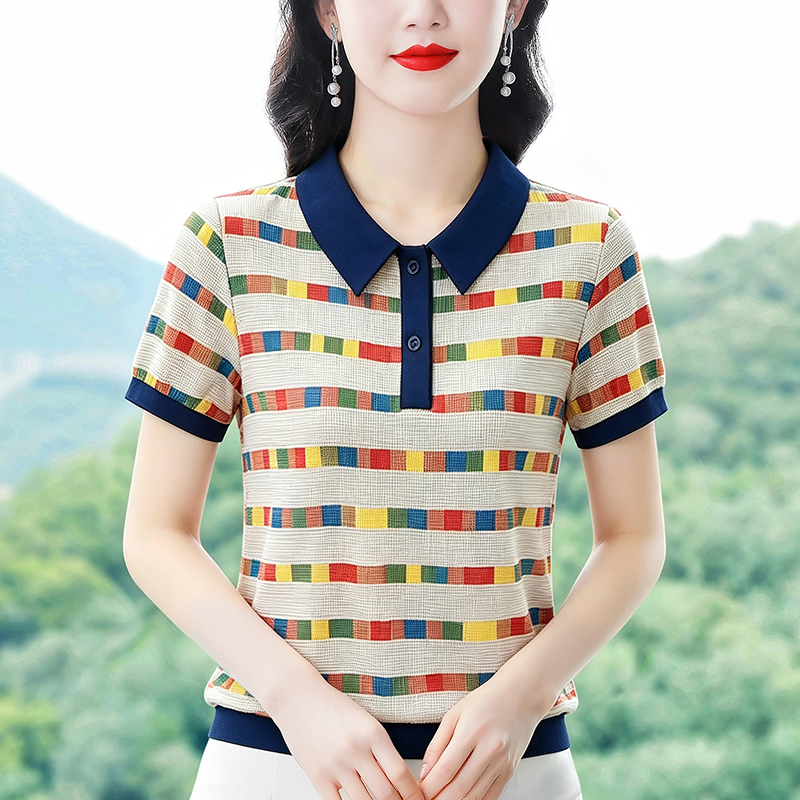 여름 새로운 배색 스트라이프 폴로 칼라 반팔 티셔츠 여성 패션 어머니 드레스 루즈핏 슬림해 보이는 다용도 품격 맨위