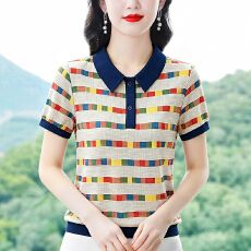 批发夏季新款撞色条纹翻领短袖T恤女时尚<b class='q'>妈妈装</b>宽松显瘦百搭气质上衣