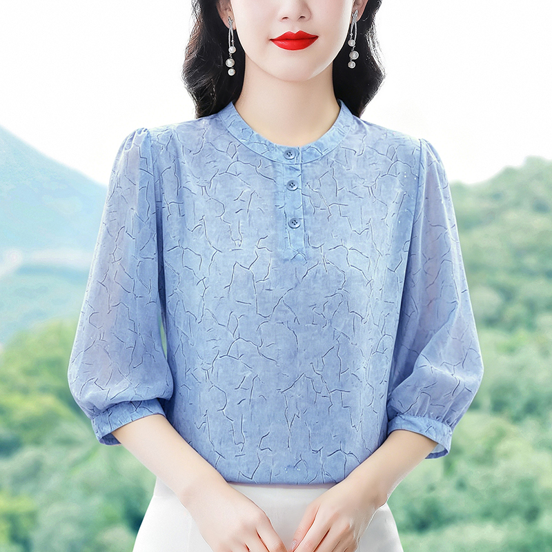 패션 연령 감소 프린트 라운드 넥 쉬폰 여성 셔츠 여름 새로운 루즈핏 캐주얼 외출용 다용도 5 점 소매 셔츠