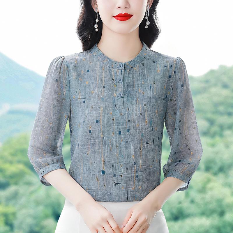 반팔 여성 셔츠 여름 얇은 스타일 빛 럭셔리 고급 센스 쉬폰 셔츠 2026 새로운 여름 어머니 드레스 프린트 셔츠