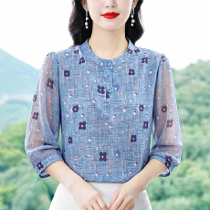 批发2026夏季新款气质圆领印花中袖小衫女<b class='q'>时尚</b><b class='q'>妈妈装</b>遮肉显瘦薄款上衣