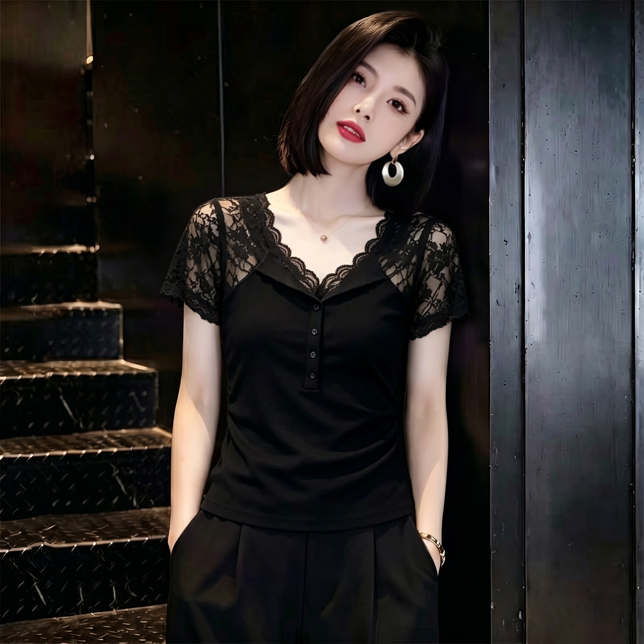 검정색 레이스 홀로우 아웃 V넥 반팔 티셔츠 여성 여름 품격 로얄 자매 디자인 센스 작은 대중 몸매 가꾸기 슬림해 보이는 맨위