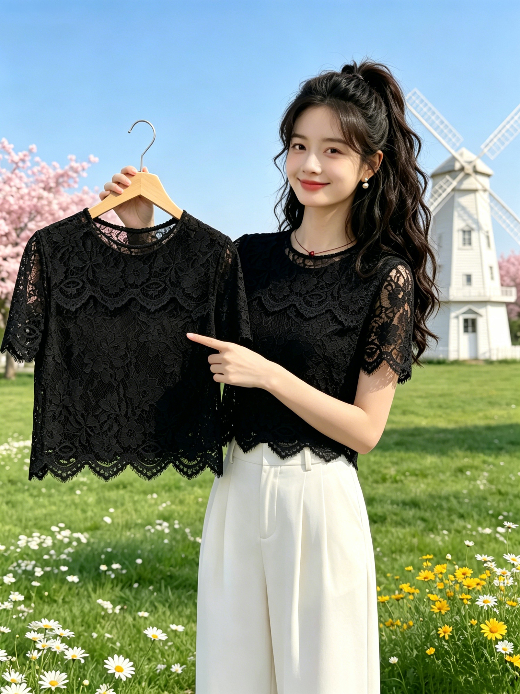 고급 레이스 홀로우 아웃 티셔츠 여성 여름 새로운 디자인 센스 작은 대중 Chic 루즈핏 패션 라운드 넥 반팔 맨위