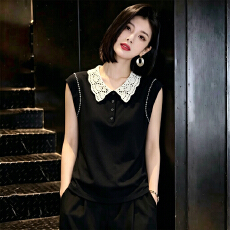 批发撞色娃娃领针织短袖t恤女夏季新款设计感飞飞袖上衣气质显瘦小衫