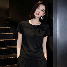 批发黑色蝴蝶结钉珠短袖t恤女2026<b class='q'>夏</b>季新款妈妈显瘦上衣气质减龄小衫