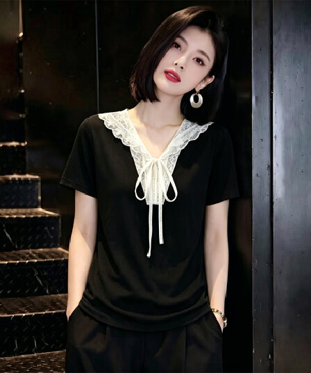 2026 여름 새로운 검정색 반팔 레이스 조각 레이스업 해군 칼라 맨위 여성 슬림해 보이는 디자인 센스 고급 센스