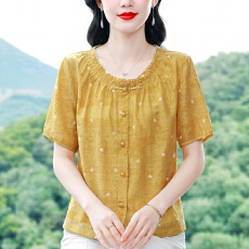 批发韩版气质高级黄色盘扣<b class='q'>短袖</b>衬衫2026夏季新款休闲显瘦漂亮上衣女装