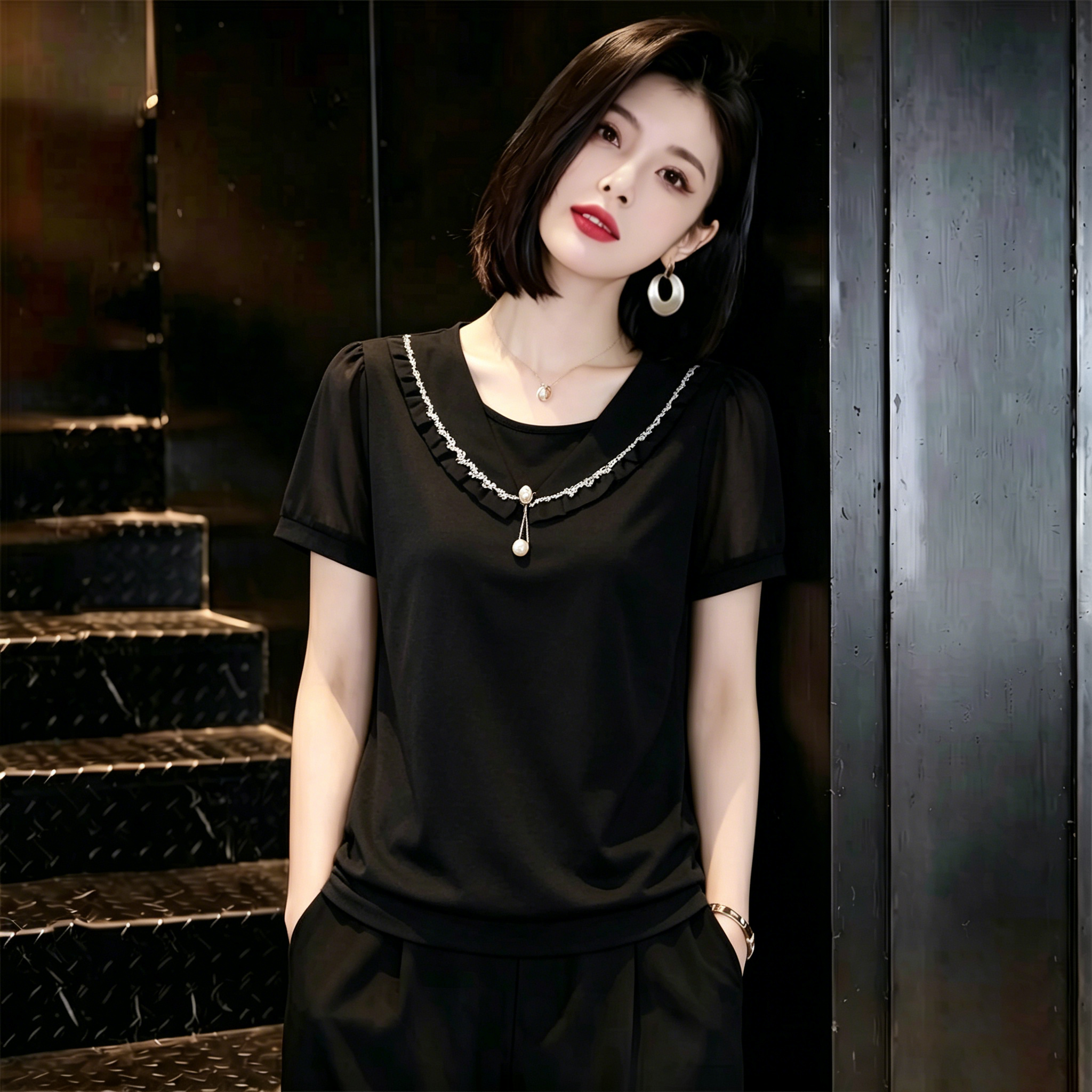 외국 가스 반팔 시폰 셔츠 여성 여름 디자인 센스 품격 슬림해 보이는 검정색 작은 셔츠 패션 연령 감소 어머니 드레스 맨위