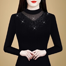 批发时尚妈妈圆领套头长袖T恤春装新款洋气减龄打底<b class='q'>衫</b>中老年百搭上衣