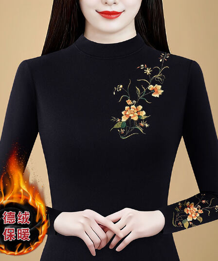 반하이넥 De 플러시 만나는 작은 셔츠 긴팔 여성 의류 엄마 봄 가을 겨울 새로운 털이 있고 두꺼운 자수 티셔츠 맨위