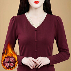 批发韩式蕾丝拼接V领长袖T恤女秋季设计感时尚洋气小衫百搭显瘦上衣
