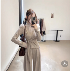 批发<b class='q'>休闲</b>简约套装女秋季新款设计感独特收腰打结长袖上衣阔腿裤两件套