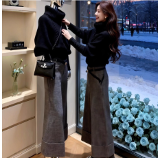 批发高领麻花针织上衣叠穿打底衫<b class='q'>千鸟格</b>阔腿裤三件套女秋慵懒时尚<b class='q'>套装</b>