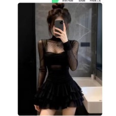 批发性感辣妹风气质半高领黑色连衣<b class='q'>裙</b>2026春季新款修身百搭a字短<b class='q'>裙</b>子