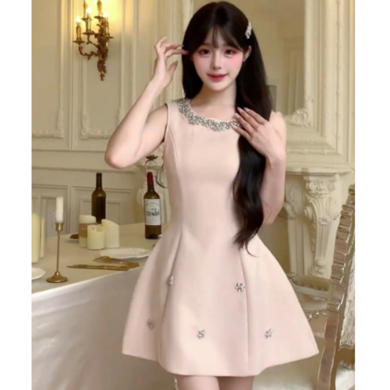 프랑스식 천 금빛 바람 나비 매듭 스와로브스키 민소매 여성 드레스 품격 명문 여성 바람 우아함 슬림해 보이는 한 마디 짧은 치마