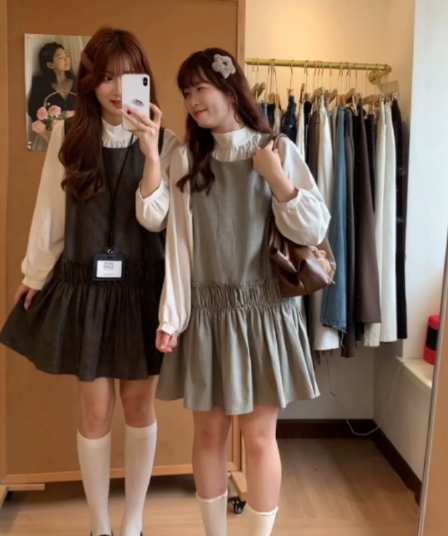 한 부서 조끼 원피스 스택 착용 긴팔 셔츠 두 조각 여성 세트 이른 가을 자이언트 잘 생긴 세트 캐주얼 데이트 착용 가져 가라.