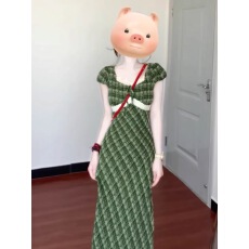 批发实拍2026夏装绿色长裙大码<b class='q'>连衣裙</b>微胖法式格子蕾丝拼接收腰A字裙