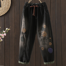 批发实拍秋季新款重工贴布刺绣<b class='q'>印花</b>牛仔哈伦9分裤限价