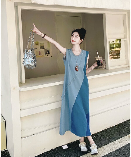 자이언트 잘 생긴 민소매 데님 여성 드레스 여름 얇은 스타일 고급 작은 대중 아니요 명중 섹션 표지 배 슬림해 보이는 조끼 길다 치마